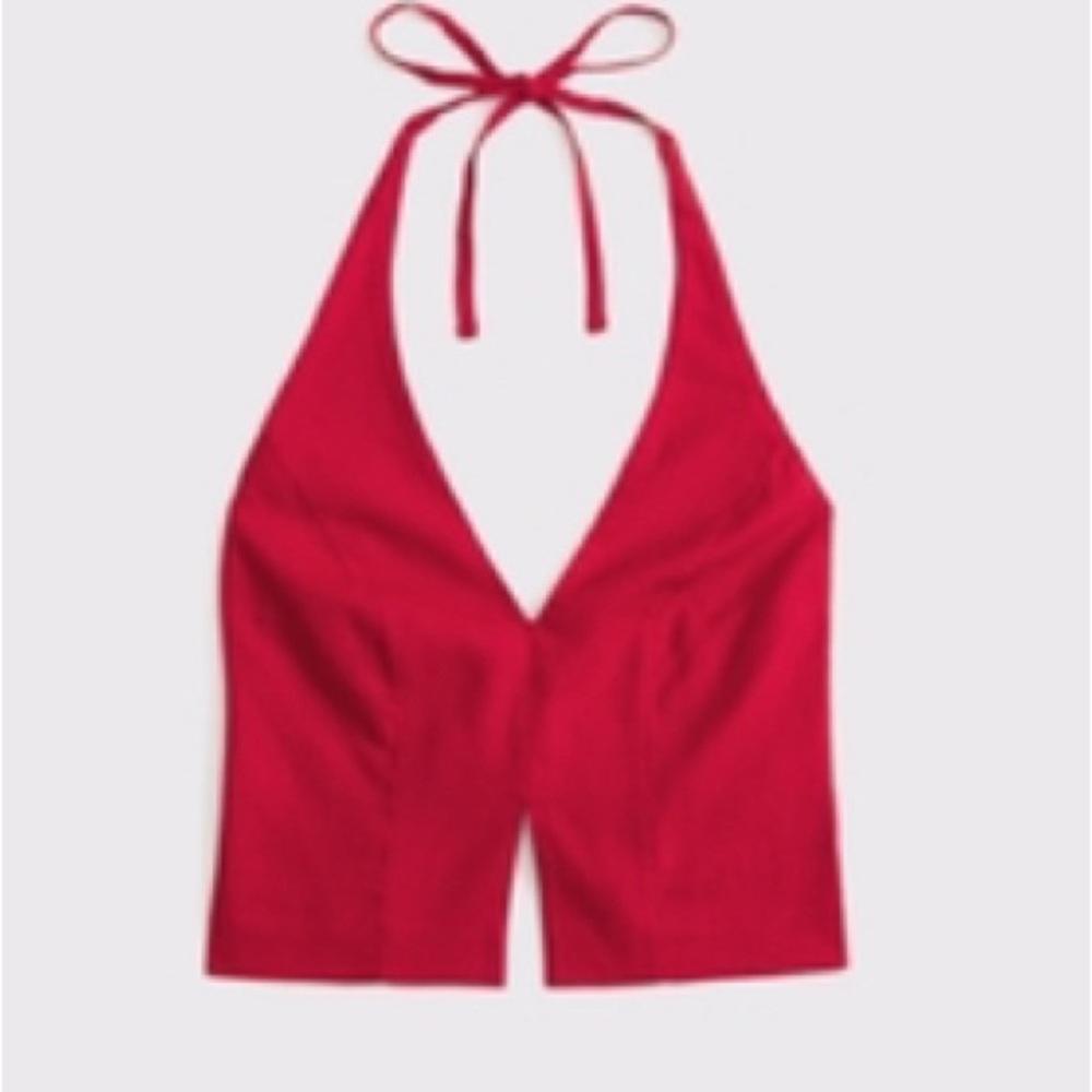 Abercrombie Linen Blend Tailored Halter Vest, medium red